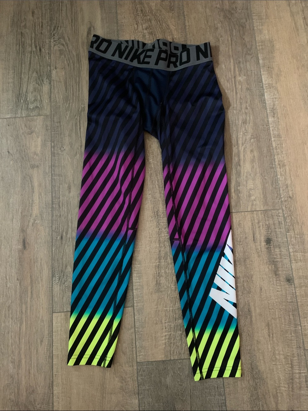 Nike Diagonal Stripe Compression Leggings - Black/Magenta/Teal/Neon Yellow